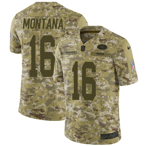 Nike 49ers #16 Joe Montana Camo Youth Stitched NFL Limited 2018 Salute to Service Jersey