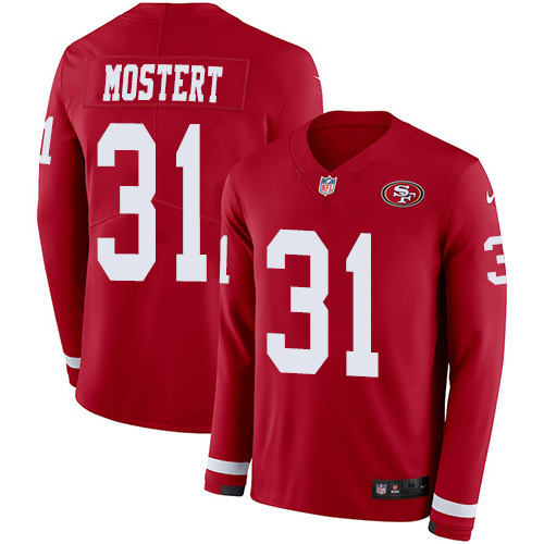 Nike 49ers #31 Raheem Mostert Red Team Color Youth Stitched NFL Limited Therma Long Sleeve Jersey