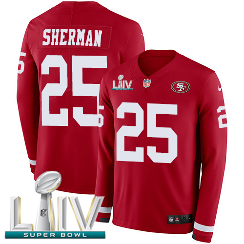 Nike 49ers #25 Richard Sherman Red Super Bowl LIV 2020 Team Color Youth Stitched NFL Limited Therma Long Sleeve Jersey