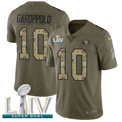 Nike 49ers #10 Jimmy Garoppolo Olive/Camo Super Bowl LIV 2020 Youth Stitched NFL Limited 2017 Salute To Service Jersey