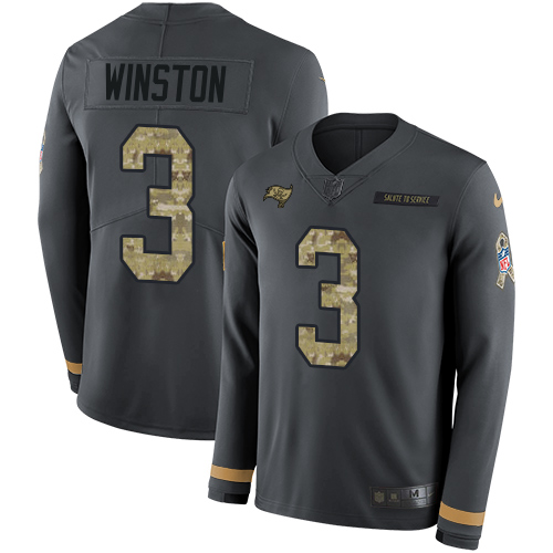 Nike Buccaneers #3 Jameis Winston Anthracite Salute to Service Youth Stitched NFL Limited Therma Long Sleeve Jersey
