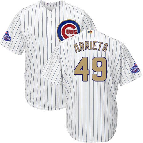 Cubs #49 Jake Arrieta White(Blue Strip) 2017 Gold Program Cool Base Stitched Youth MLB Jersey