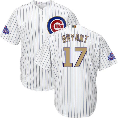 Cubs #17 Kris Bryant White(Blue Strip) 2017 Gold Program Cool Base Stitched Youth MLB Jersey