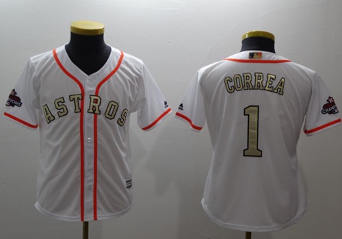 Astros #1 Carlos Correa White 2017 World Series Champions Gold Program Cool Base Stitched Youth MLB Jersey
