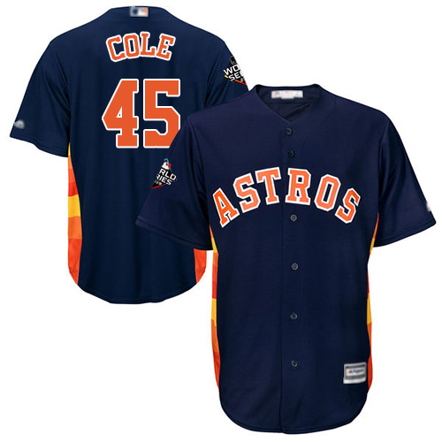 Astros #45 Gerrit Cole Navy Blue Cool Base 2019 World Series Bound Stitched Youth MLB Jersey