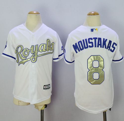 Royals #8 Mike Moustakas White 2015 World Series Champions Gold Program Cool Base Stitched Youth MLB Jersey