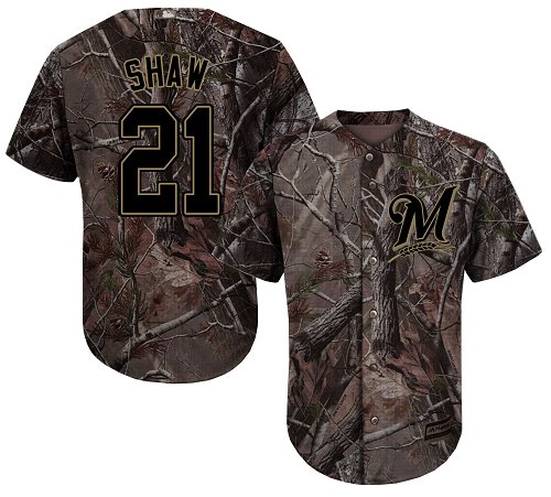 Brewers #21 Travis Shaw Camo Realtree Collection Cool Base Stitched Youth MLB Jersey