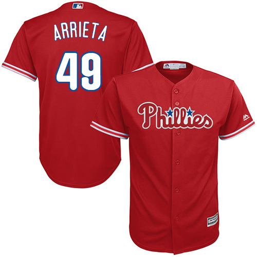 Phillies #49 Jake Arrieta Red Cool Base Stitched Youth MLB Jersey