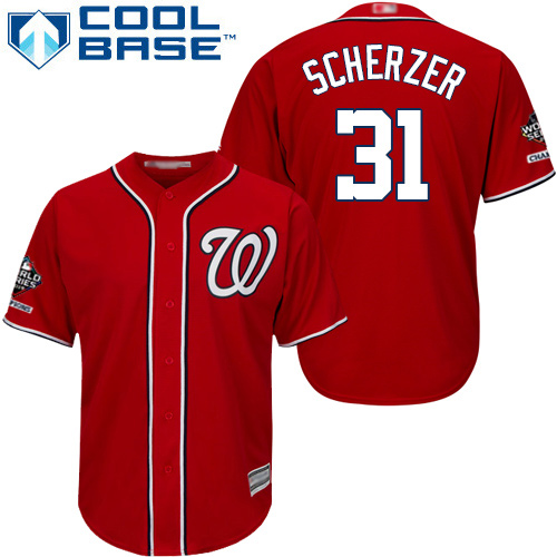 Nationals #31 Max Scherzer Red Cool Base 2019 World Series Champions Stitched Youth MLB Jersey