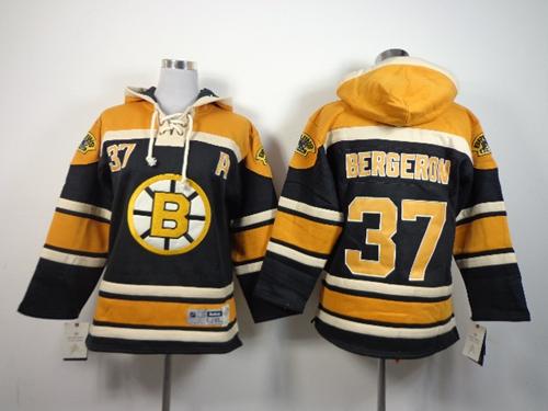 Bruins #37 Patrice Bergeron Black Sawyer Hooded Sweatshirt Stitched Youth NHL Jersey