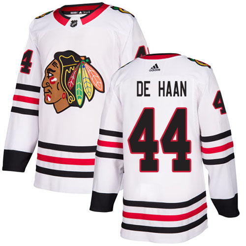 Adidas Blackhawks #44 Calvin De Haan White Road Authentic Stitched Youth NHL Jersey