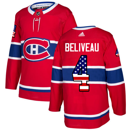 Adidas Canadiens #4 Jean Beliveau Red Home Authentic USA Flag Stitched Youth NHL Jersey
