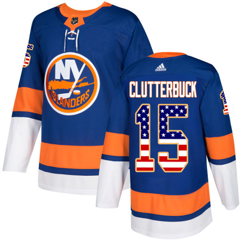 Adidas Islanders #15 Cal Clutterbuck Royal Blue Home Authentic USA Flag Stitched Youth NHL Jersey