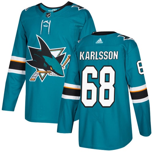 Adidas Sharks #68 Melker Karlsson Teal Home Authentic Stitched Youth NHL Jersey