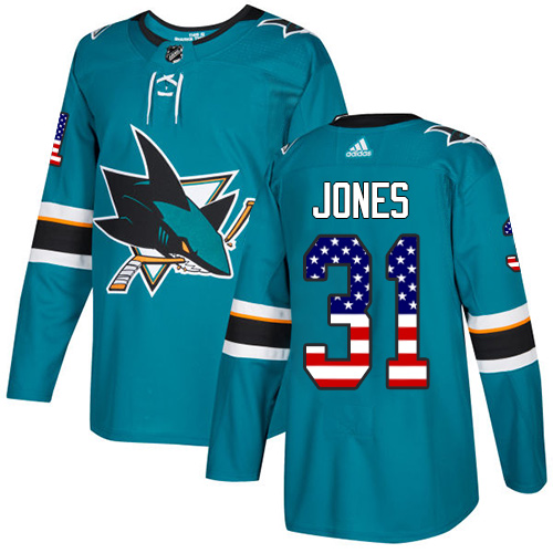 Adidas Sharks #31 Martin Jones Teal Home Authentic USA Flag Stitched Youth NHL Jersey