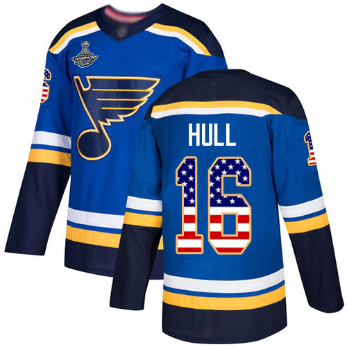Adidas Blues #16 Brett Hull Blue Home Authentic USA Flag Stanley Cup Champions Stitched Youth NHL Jersey