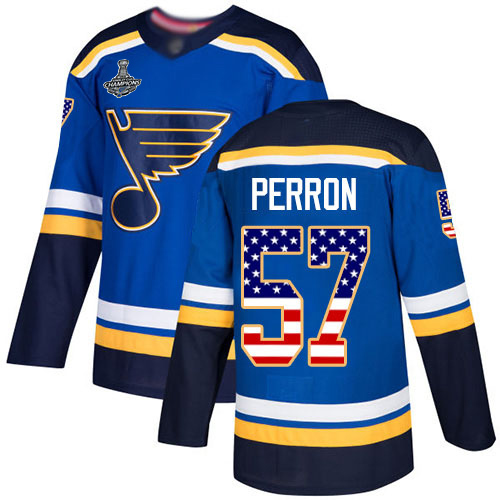 Adidas Blues #57 David Perron Blue Home Authentic USA Flag Stanley Cup Champions Stitched Youth NHL Jersey