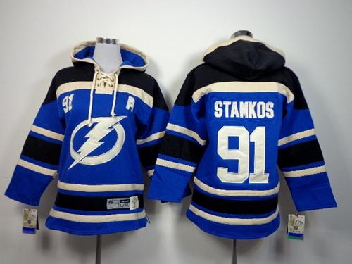 Lightning #91 Steven Stamkos Royal Blue Sawyer Hooded Sweatshirt Stitched Youth NHL Jersey