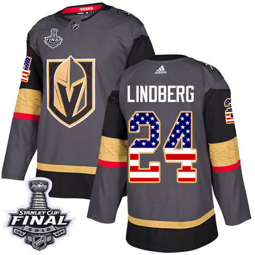 Adidas Golden Knights #24 Oscar Lindberg Grey Home Authentic USA Flag 2018 Stanley Cup Final Stitched Youth NHL Jersey