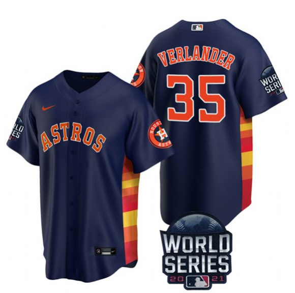 Mens Navy Houston Astros #35 Justin Verlander 2021 World Series Cool Base Stitched Baseball Jersey