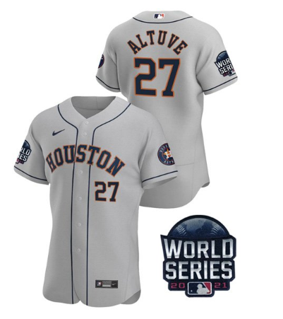 Men's Grey Houston Astros #27 Jose Altuve 2021 World Series Flex Base Stitched Baseball Jersey