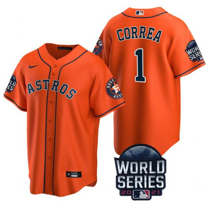 Men's Orange Navy Houston Astros #1 Carlos Correa 2021 World Series Cool Base Stitched Baseball Jersey