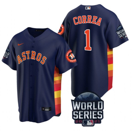 Men's Navy Houston Astros #1 Carlos Correa 2021 World Series Cool Base Stitched Baseball Jersey