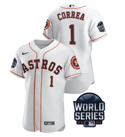 Men's White Houston Astros #1 Carlos Correa 2021 World Series Flex Base Stitched Baseball Jersey
