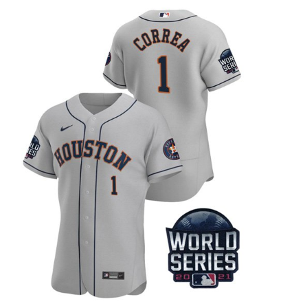 Men's Grey Houston Astros #1 Carlos Correa 2021 World Series Flex Base Stitched Baseball Jersey
