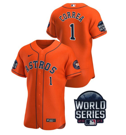 Men's Orange Houston Astros #1 Carlos Correa 2021 World Series Flex Base Stitched Baseball Jersey