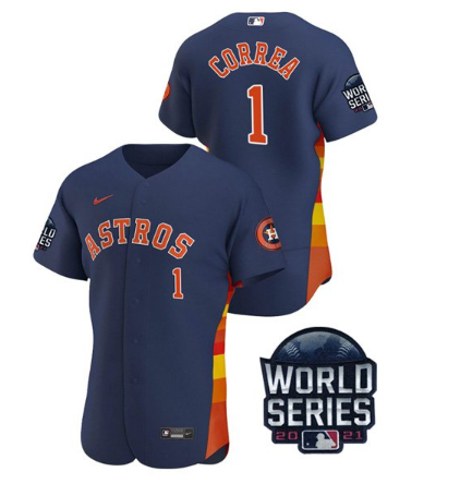 Men's Navy Houston Astros #1 Carlos Correa 2021 World Series Flex Base Stitched Baseball Jersey